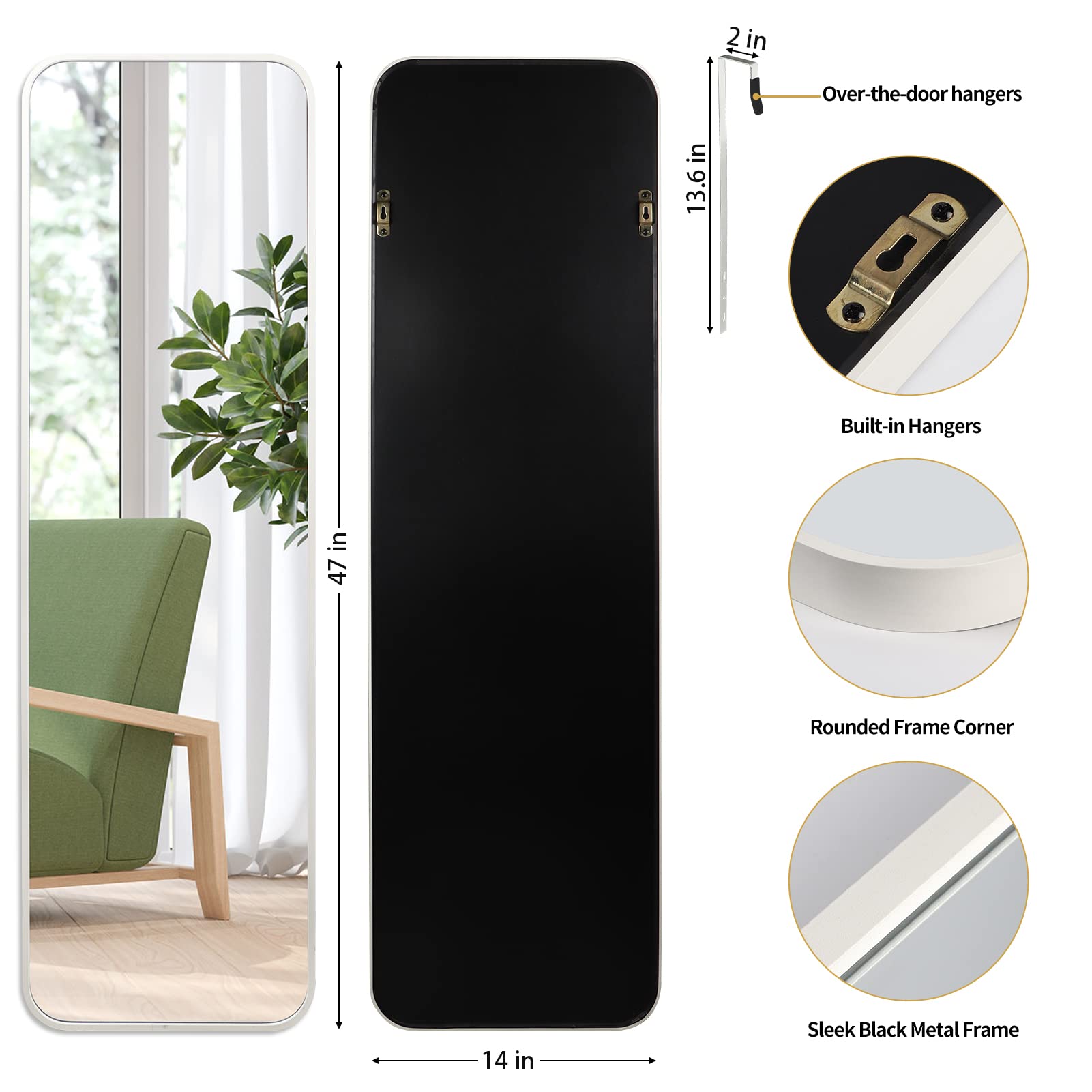 Giftgarden 14”x47” White Full Length Mirror Aluminum Frame, 47” Long Full-Mirror Tall Dressing Mirror, Wall Mounted or Hanging Over Door for Bedroom Bathroom Closet