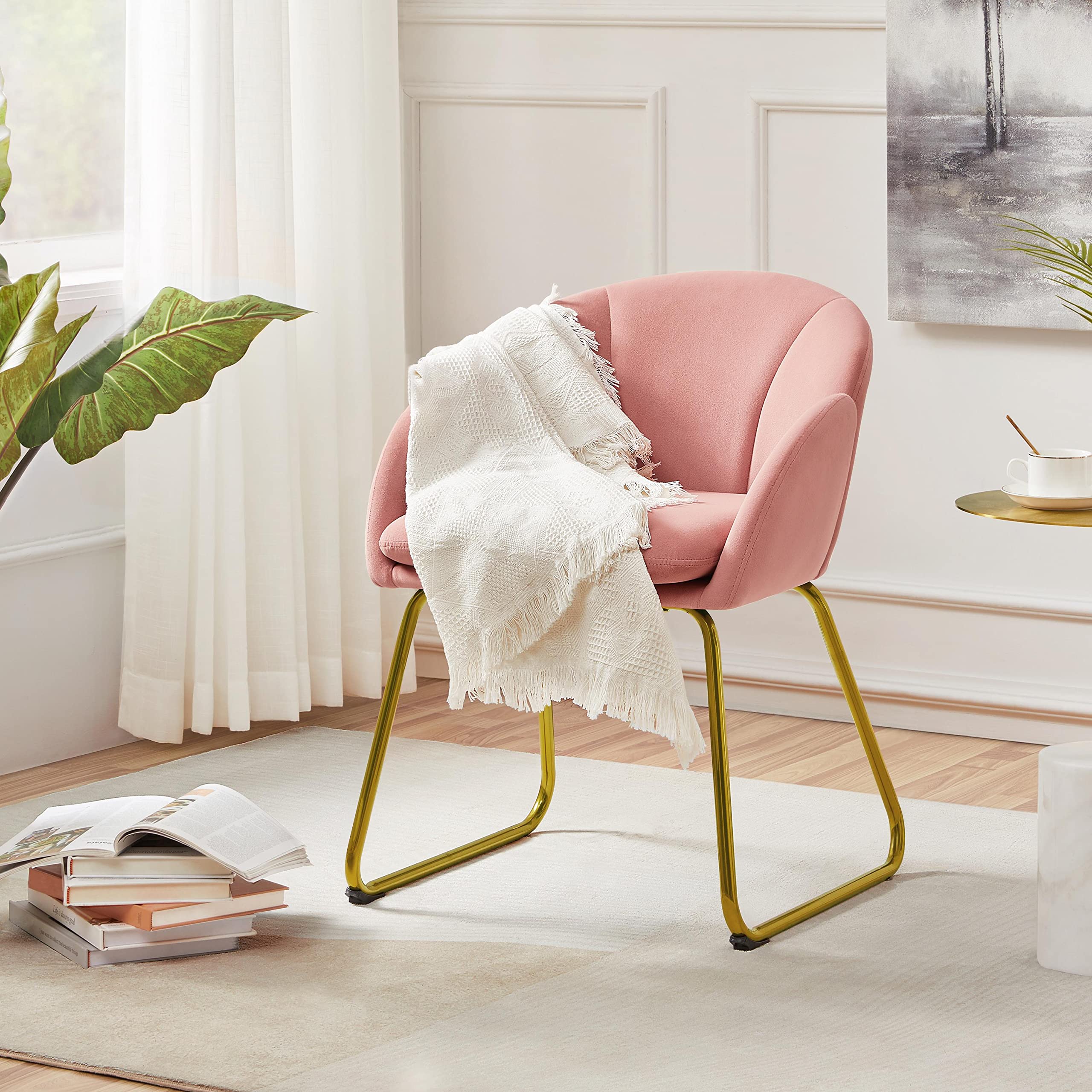 Yaheetech Flower Shape Velvet Armchair, Modern Side Chair Vanity Chair with Golden Metal Legs for Living Room/Dressing Room/Bedroom/Home Office/Kitchen, Pink