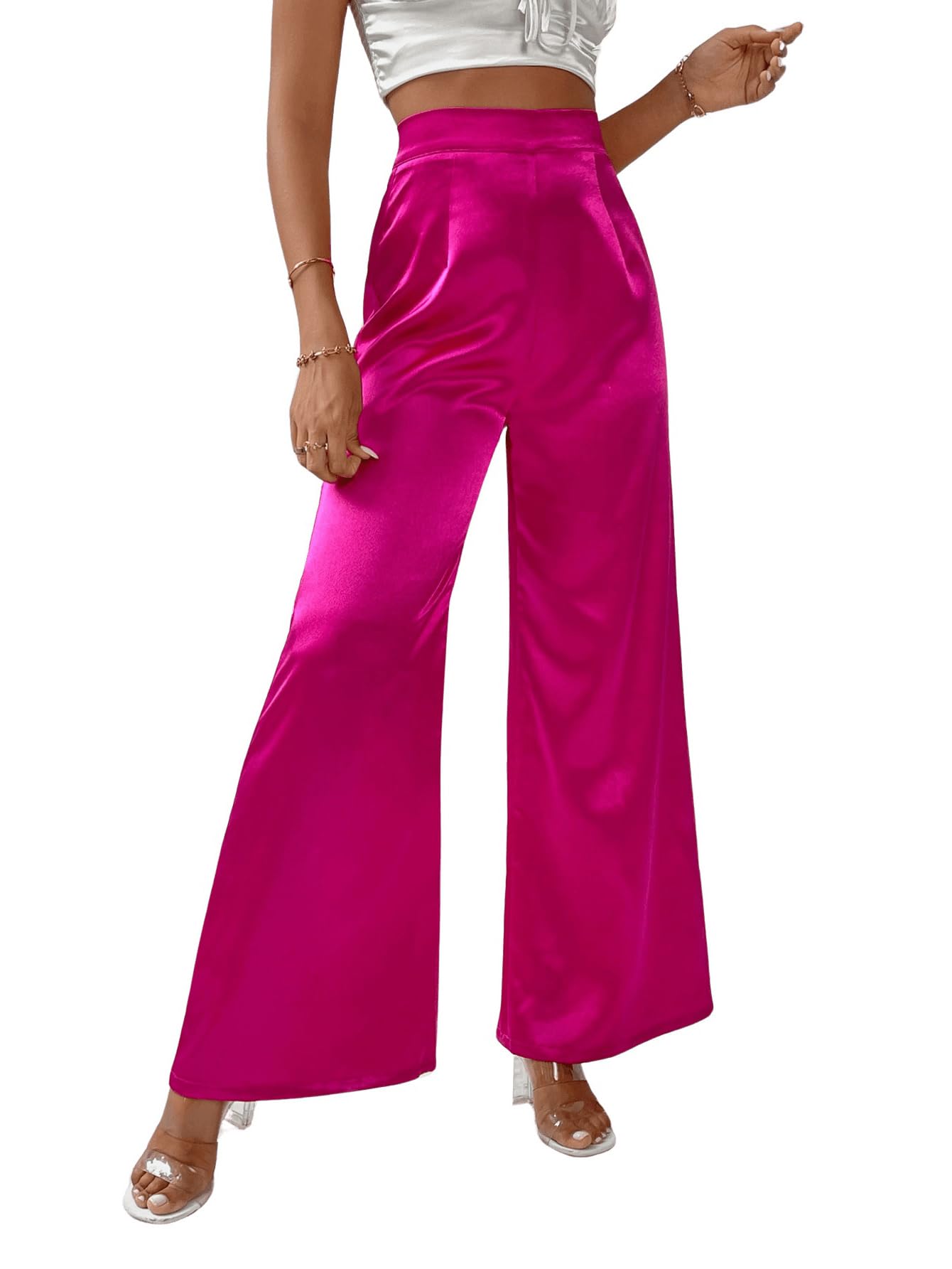 WDIRARA Women's Wide Leg High Waisted Zip Fly Flowy Loose Pants Elegant Party Pants Hot Pink S