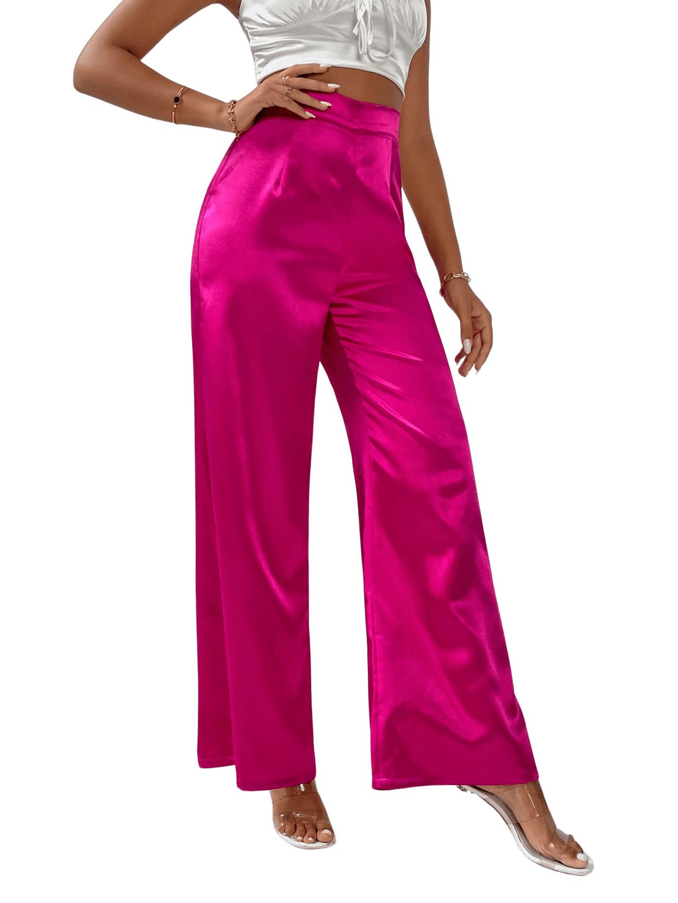 WDIRARA Women's Wide Leg High Waisted Zip Fly Flowy Loose Pants Elegant Party Pants Hot Pink S