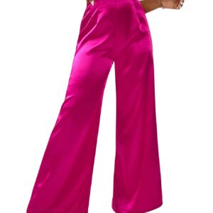 WDIRARA Women's Wide Leg High Waisted Zip Fly Flowy Loose Pants Elegant Party Pants Hot Pink S