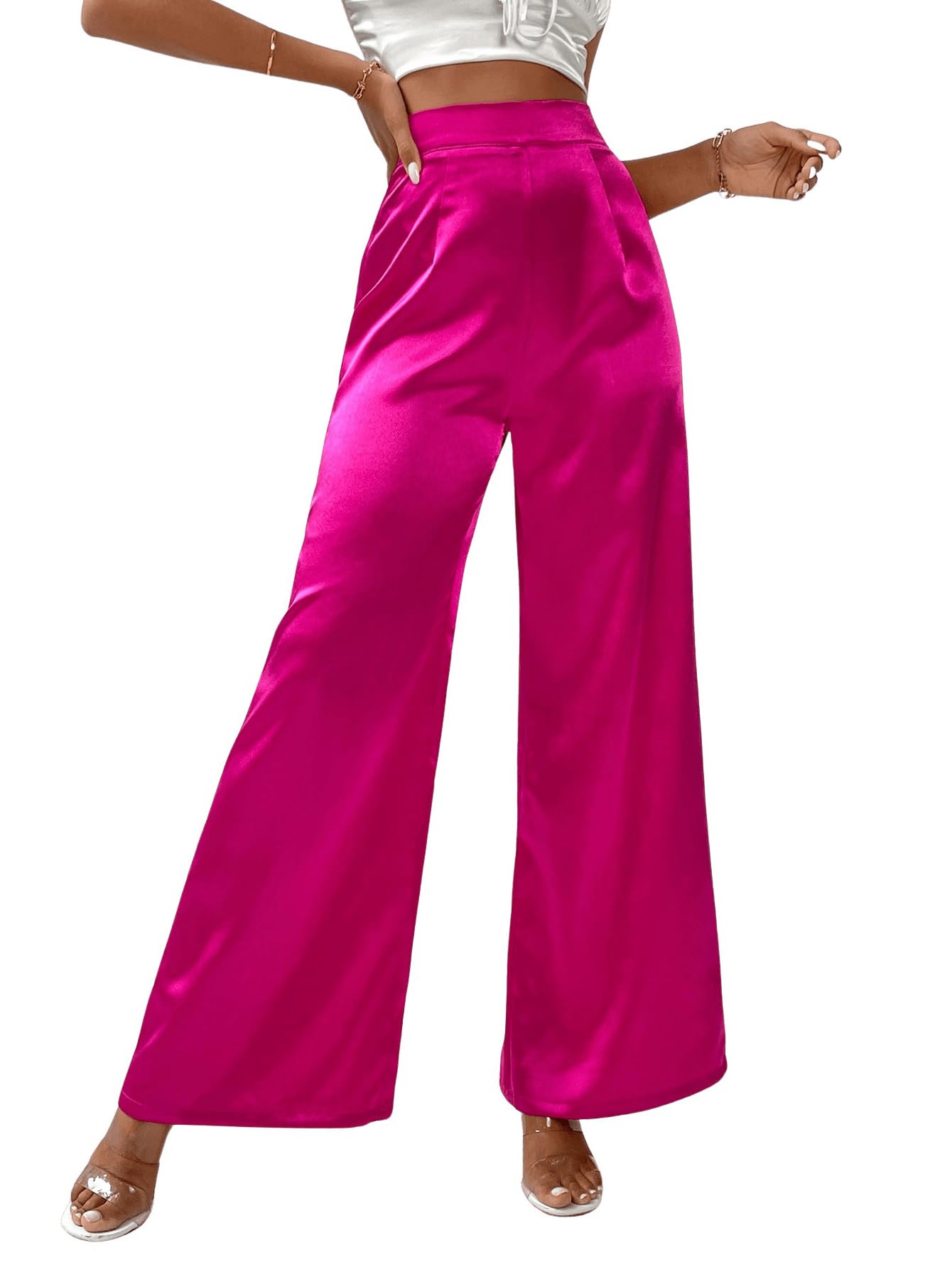 WDIRARA Women's Wide Leg High Waisted Zip Fly Flowy Loose Pants Elegant Party Pants Hot Pink S