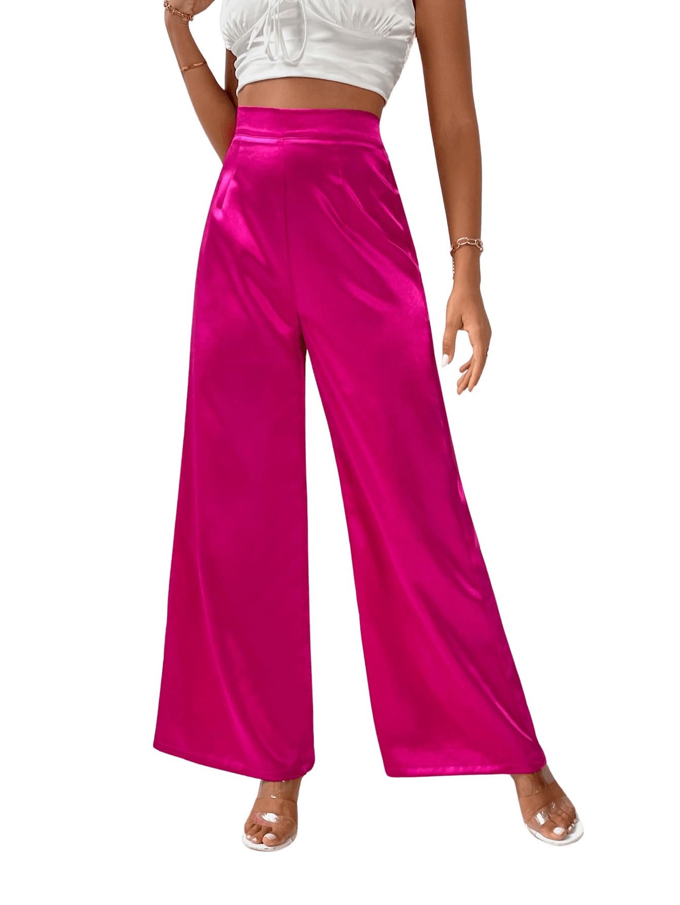 WDIRARA Women's Wide Leg High Waisted Zip Fly Flowy Loose Pants Elegant Party Pants Hot Pink S