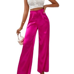 WDIRARA Women's Wide Leg High Waisted Zip Fly Flowy Loose Pants Elegant Party Pants Hot Pink S