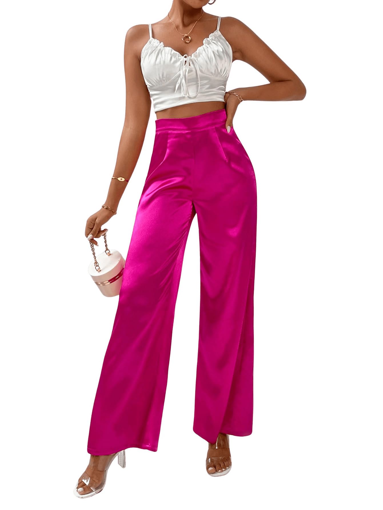 WDIRARA Women's Wide Leg High Waisted Zip Fly Flowy Loose Pants Elegant Party Pants Hot Pink S