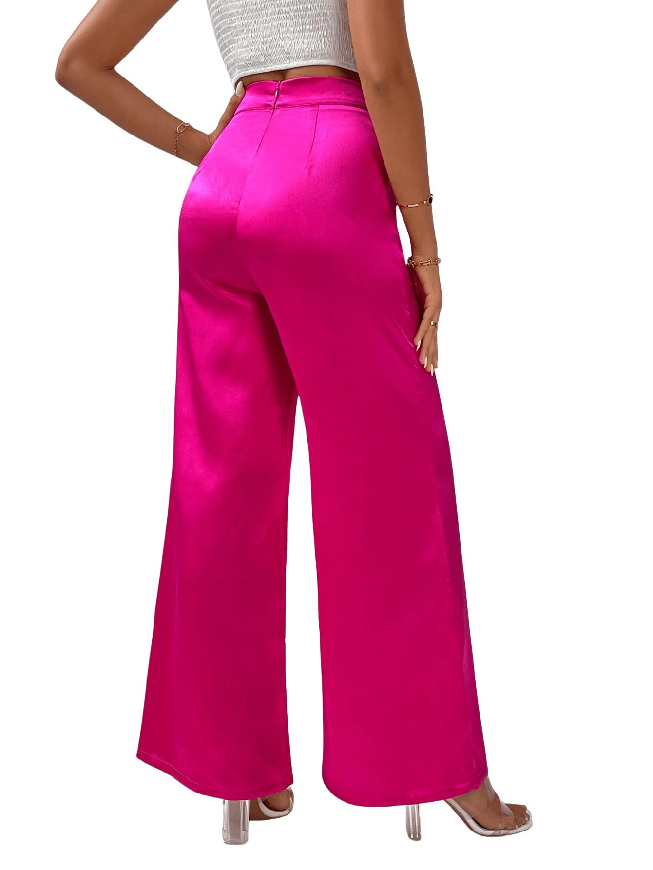 WDIRARA Women's Wide Leg High Waisted Zip Fly Flowy Loose Pants Elegant Party Pants Hot Pink S