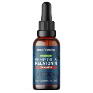 Nature's Synergy Melatonin & Hemp Oil Liquid Sleep Support Drops with Omega 3 6 9 for Joint Support, Overall Health, Helps Promote Healthy Sleep Patterns, Natural Cinnamon Flavor, Non GMO, 1 Oz Bottle