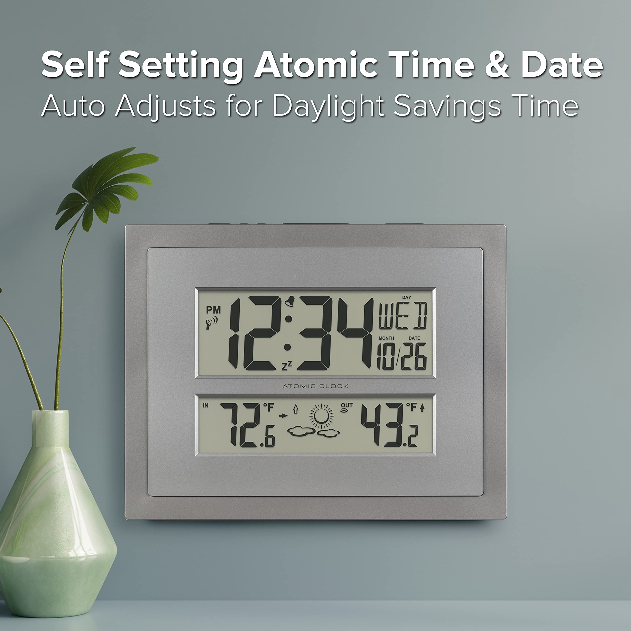 La Crosse Technology 512-85937-INT Atomic Digital Wall Clock with Temperature & Forecast in Gray/Silver