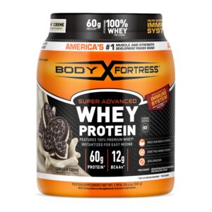 body fortress super advanced whey protein powder, cookies n’ creme, 60g protein & 12g bcaas per 2 scoops, muscle gain & recovery, immune support with vitamins c & d, 1.78lbs (packaging may vary)