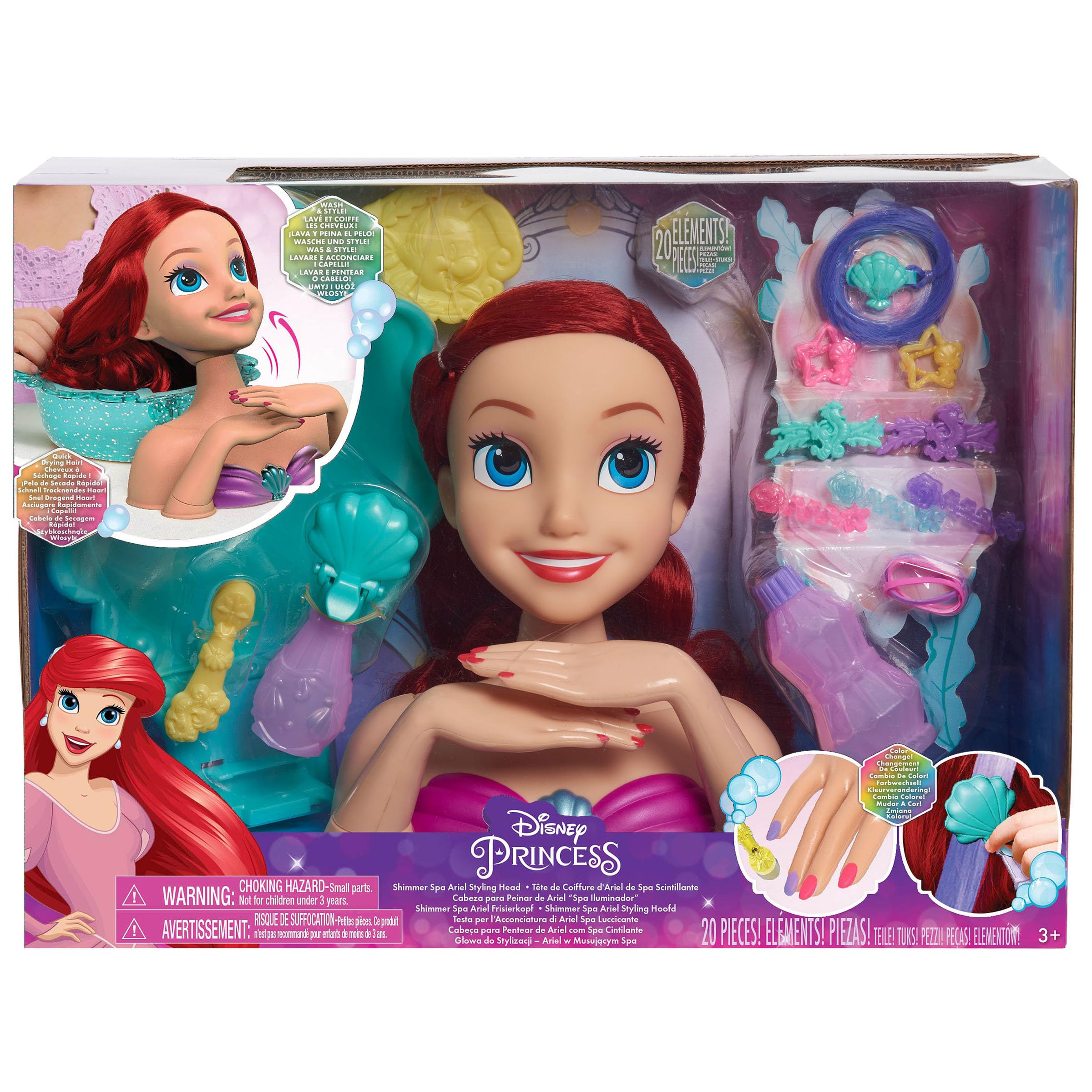 Disney Princess Just Play Shimmer Spa Ariel 8-inch Styling Head, 20-Pieces, Red Hair, Pretend Play, Officially Licensed Kids Toys for Ages 3 Up