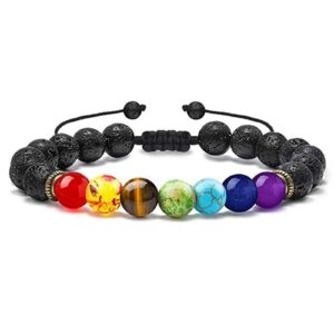 DRTMLY 8MM Lava Rock Chakra Bracelets, Adjustable Crystal and Healing Stone Bracelets, Braided Rope Beaded Bracelets for Women Men Spiritual Protection