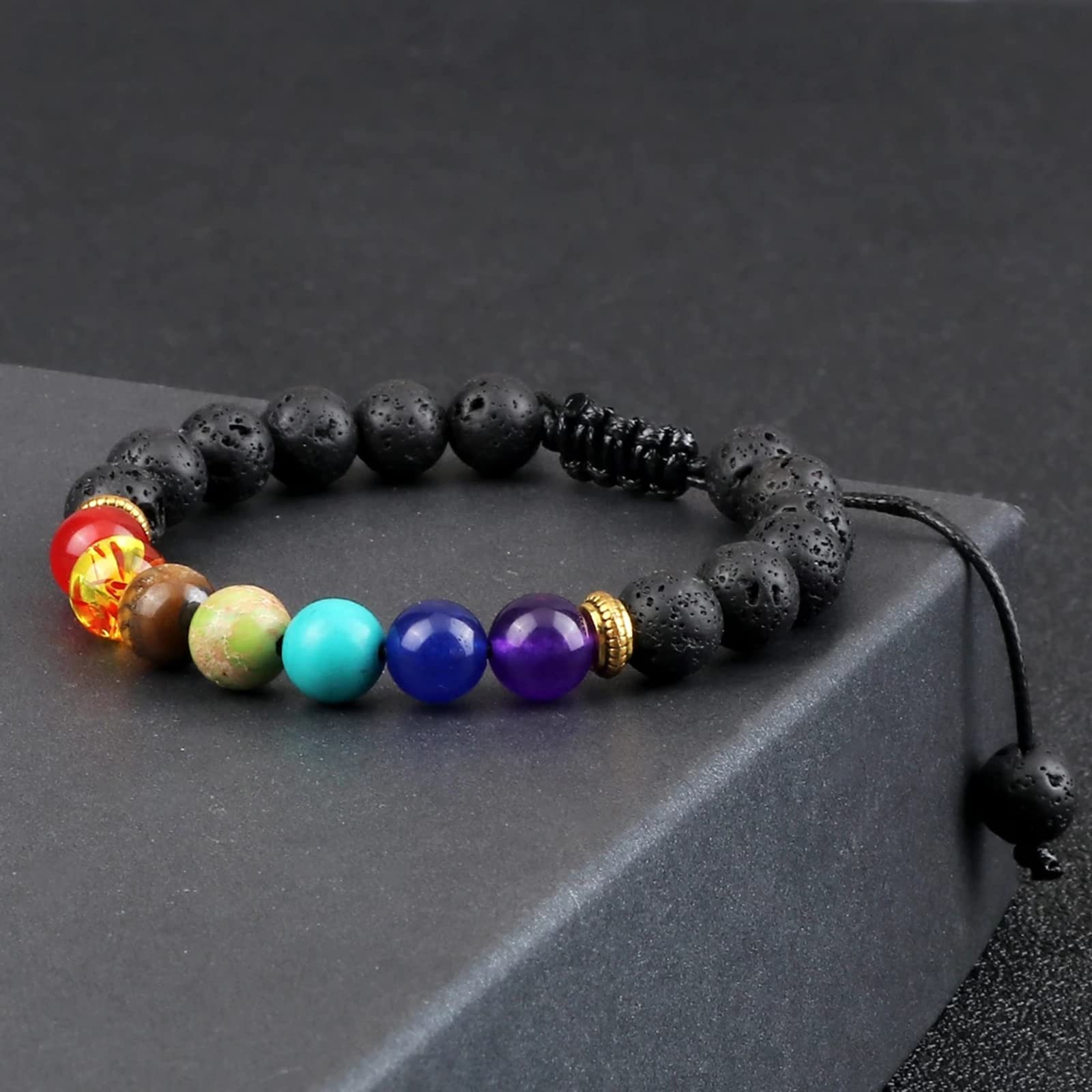 DRTMLY 8MM Lava Rock Chakra Bracelets, Adjustable Crystal and Healing Stone Bracelets, Braided Rope Beaded Bracelets for Women Men Spiritual Protection