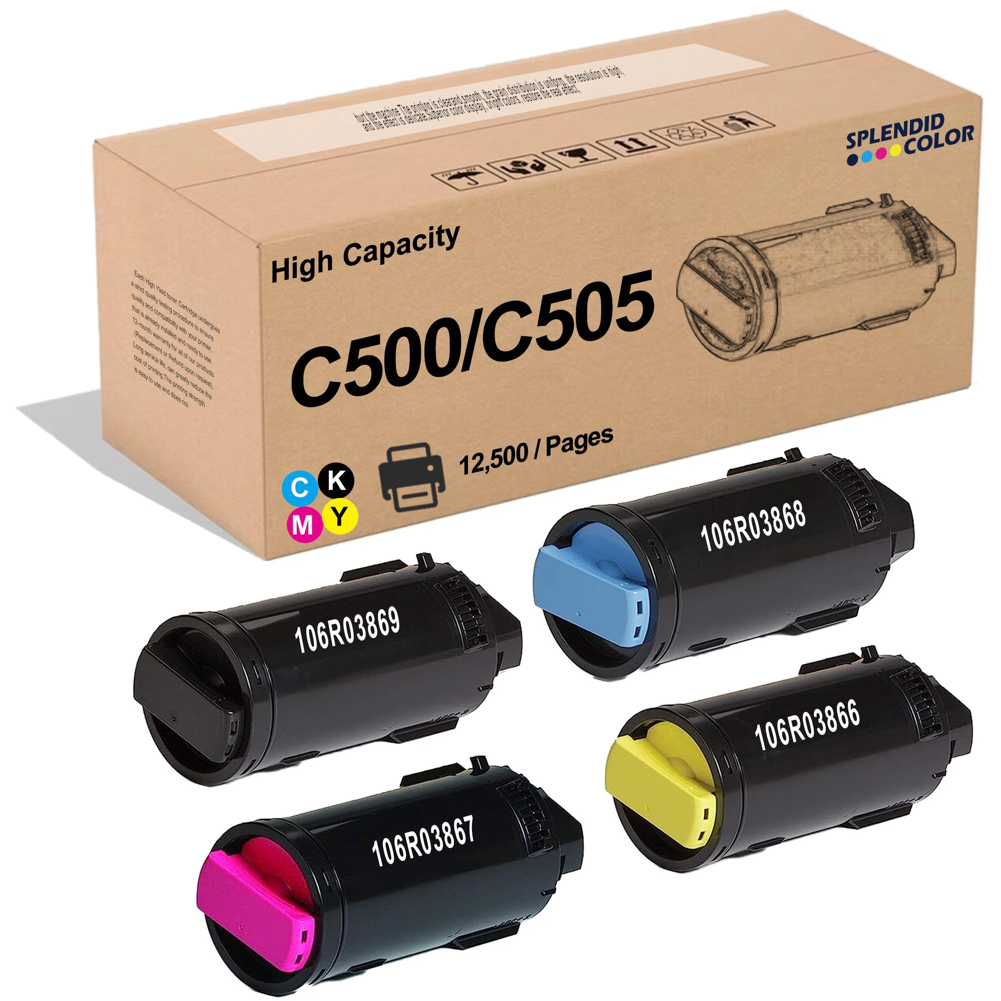 VersaLink C500 Toner Cartridge | 12,500 Pages | 106R03869 106R03866 106R03867 106R03868 Toner Set Replacement for Xerox VersaLink C500 C500DN C500N C505 C505DN C505N C505S C505X Printer