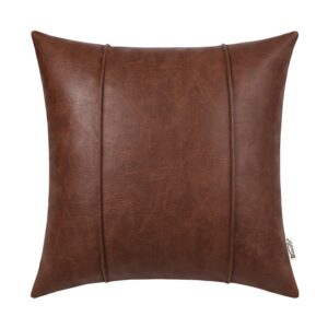 brawarm dark brown leather throw pillow covers 22 x 22 inches - faux leather pillow cover with piping, hand stitched leather throw pillow for couch sofa bed living room home decorative