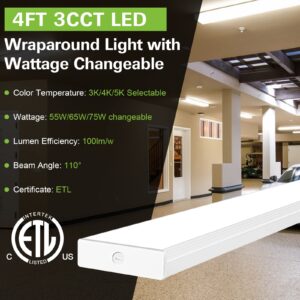 hykolity 4FT LED Wraparound Light with 3 Wattages/3 Lumens/3 CCT Selectable, 55W/65W/75W, 5500lm/6500lm/7500lm, 3000K/4000K/5000K 4 Foot LED Wrap Light Fixture, Flush Mount Office Ceiling Light, ETL