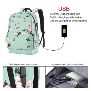 MOSISO 15.6-16 inch Laptop Backpack for Women, Polyester Anti-Theft Stylish Casual Daypack Bag with Luggage Strap & USB Charging Port, Camellia Travel Backpack, Green