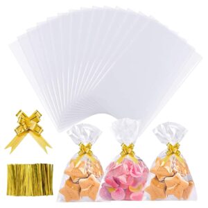 cellophane bags, 5 x 9 inch clear treat gift bags 100 pcs with ties and bows, party favor candy bags for bakery, popcorn, cookies, candies, dessert