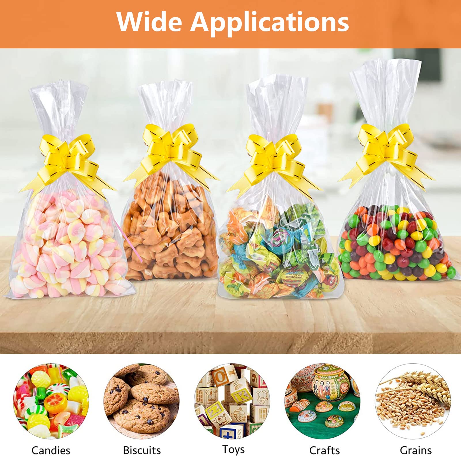 Cellophane Bags, 5 x 9 Inch Clear Treat Gift Bags 100 Pcs with Ties and Bows, Party Favor Candy Bags for Bakery, Popcorn, Cookies, Candies, Dessert