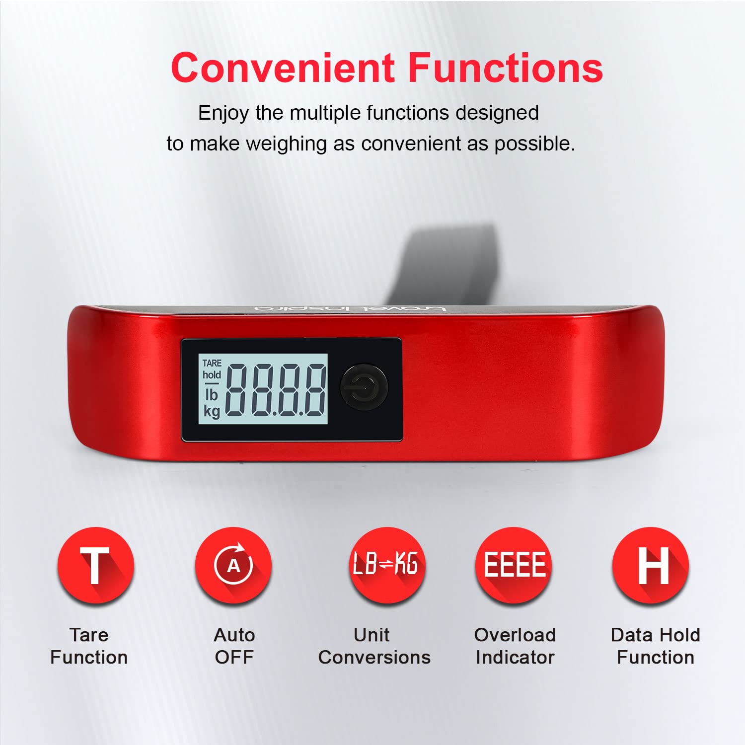 Travel Inspira Luggage Scale, Digital Luggage Scales, Baggage Scale with Backlit LCD Display,110LB / 50KG, Battery Included (Red)