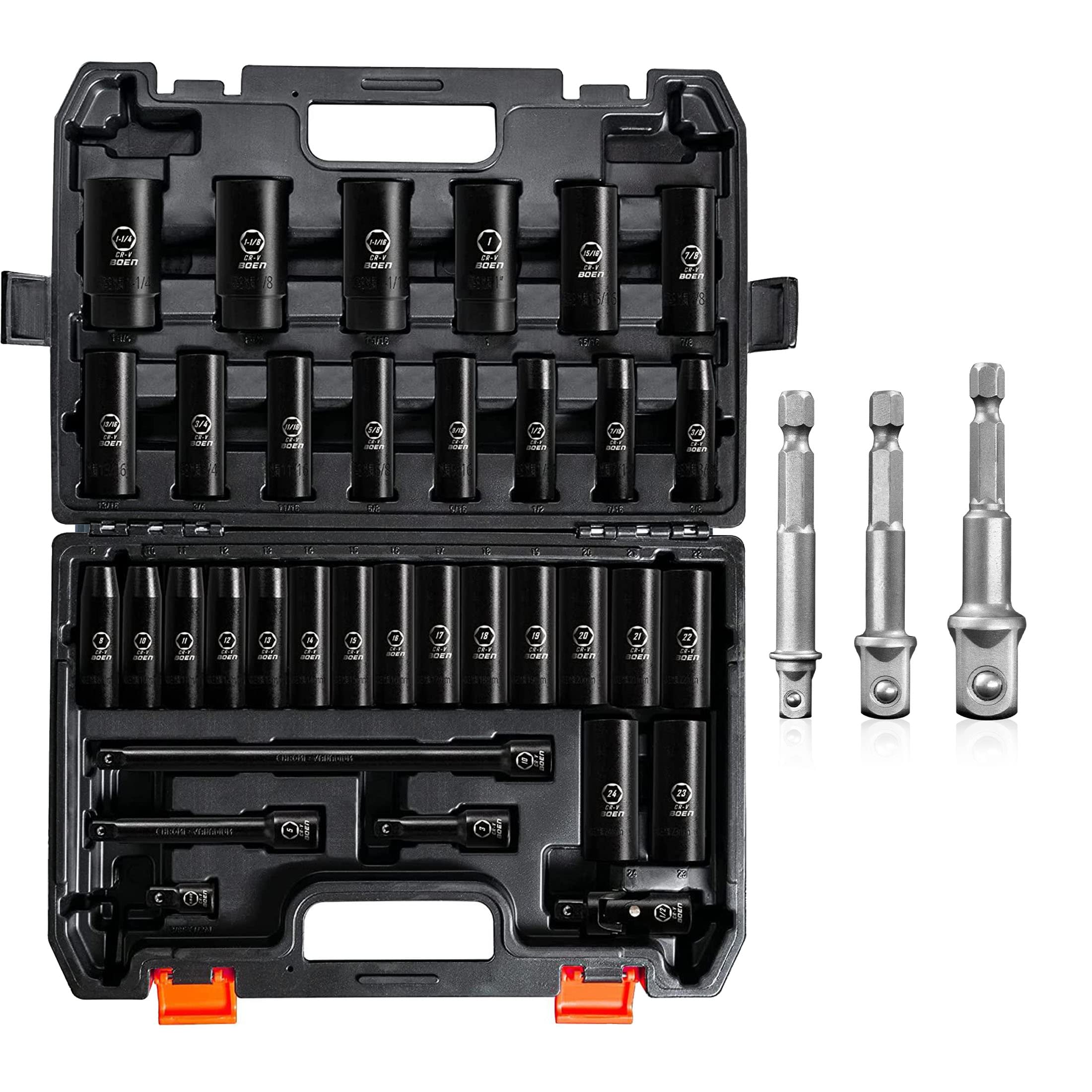 BOEN 38 Piece Set, Including 1/2" Drive Deep Impact Socket with Durable Case, 1/4", 3/8", 1/2" Size Impact Grade Socket Adapter Set with Bit Holder, 6 Point Design