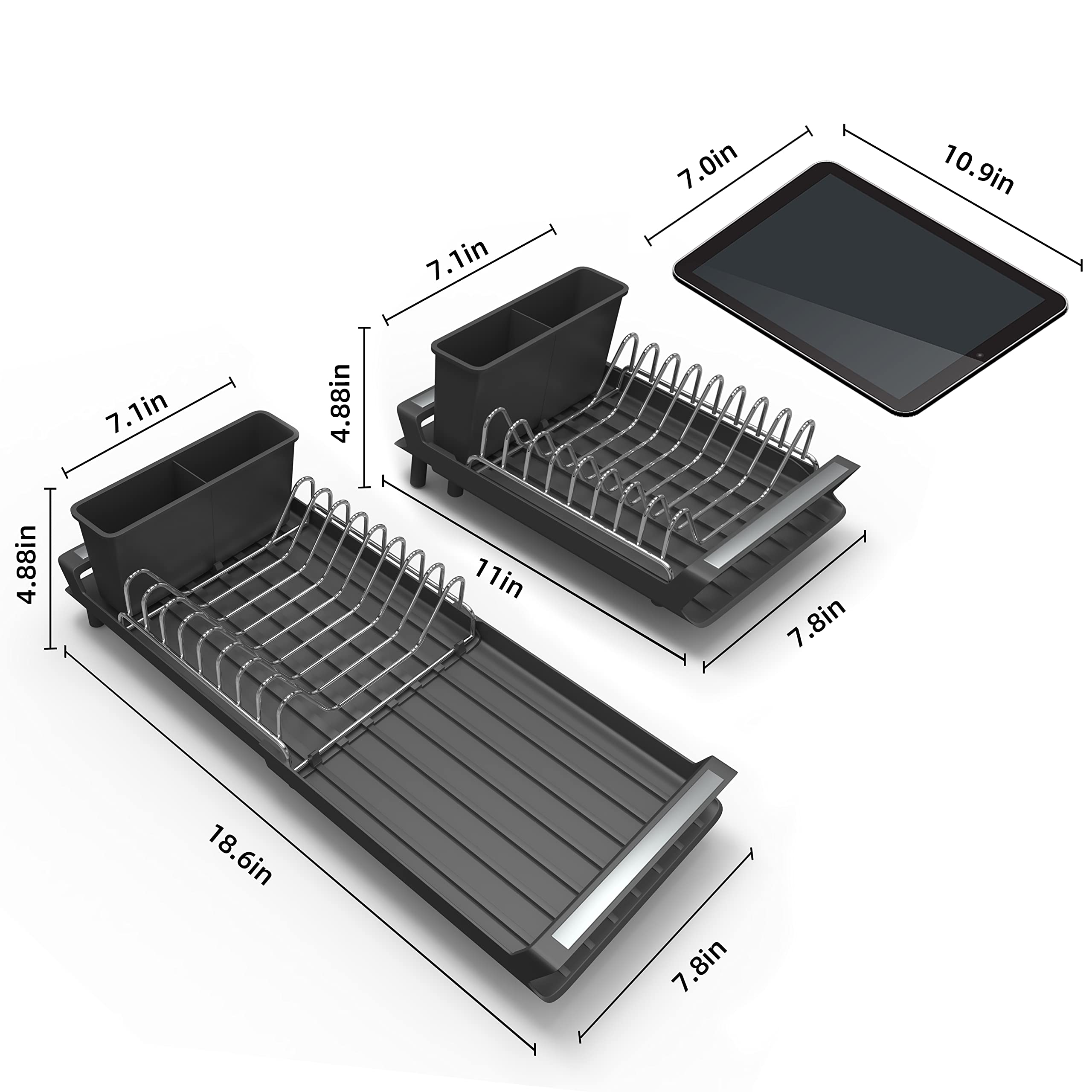 PETXPERT Dish Drying Rack, Expandable Dish Rack for Kitchen Counter with Utensil Holder, Stainless Steel Small Dish Drainer Organizer with Drainboard for Kitchen in Sink (Black)