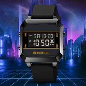 Digital Watch for Men, Yapeach LED Square Large Face Waterproof Outdoor Sport Silicone Wrist Watches for Men with Dual Time, Chrono, Alarm, EL Light, 12/24 H Clock, black, strap