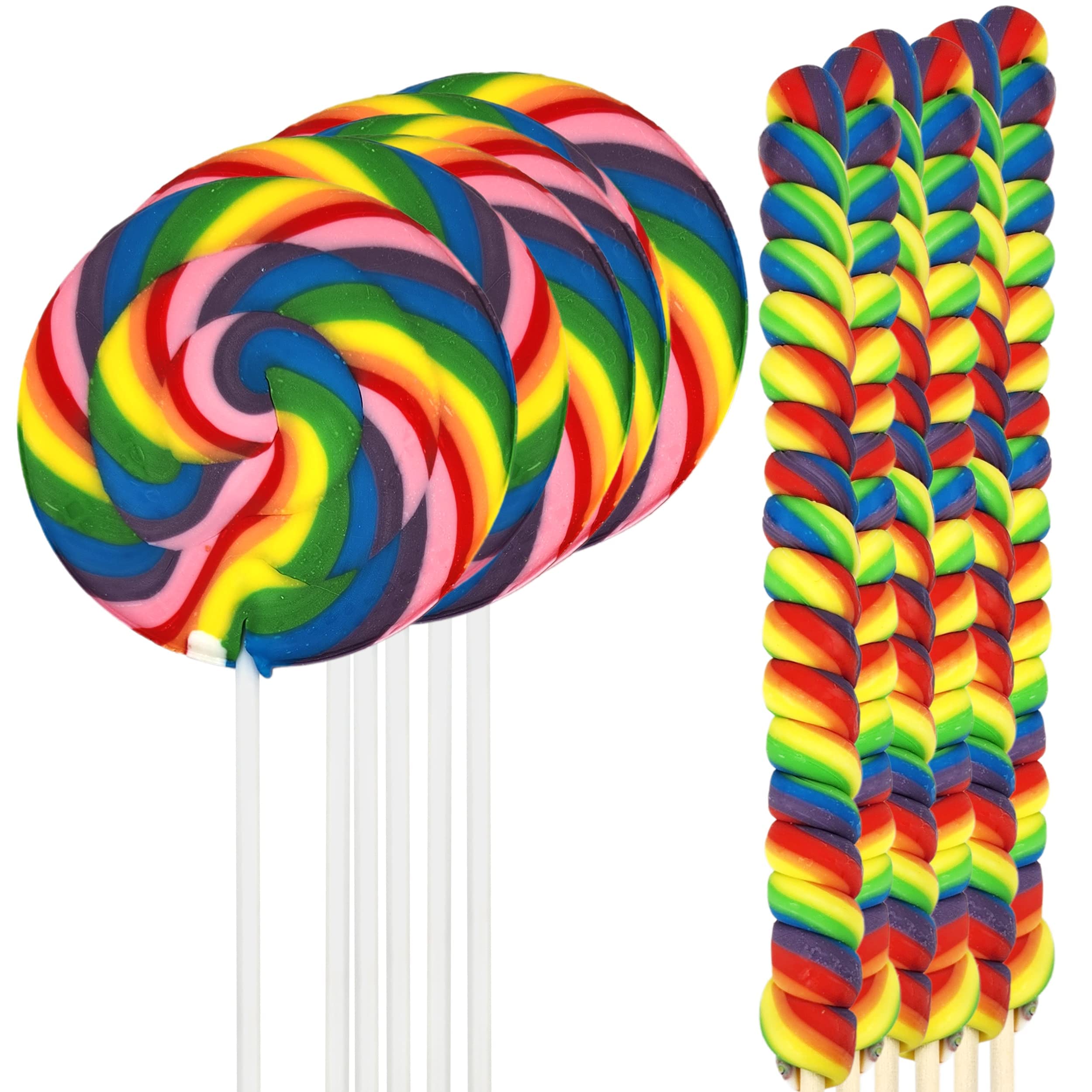 12 Jumbo Rainbow Swirl Lollipops Bundle, 6 Giant 4 Inch Swirl Suckers & 6 Twisty Pops 12 inch Height,Individually Wrapped Multi-Flavored Candy, Great for Summer At The Beach