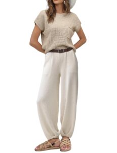 ugerlov women's two piece outfits sweater sets knit pullover tops and high waisted pants lounge sets, white, s