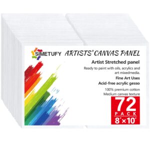 simetufy 72 pack 8 x 10 inch canvas boards for painting canvas panels- gesso primed acid-free 100% cotton flat canvases for acrylics oil watercolor tempera paints