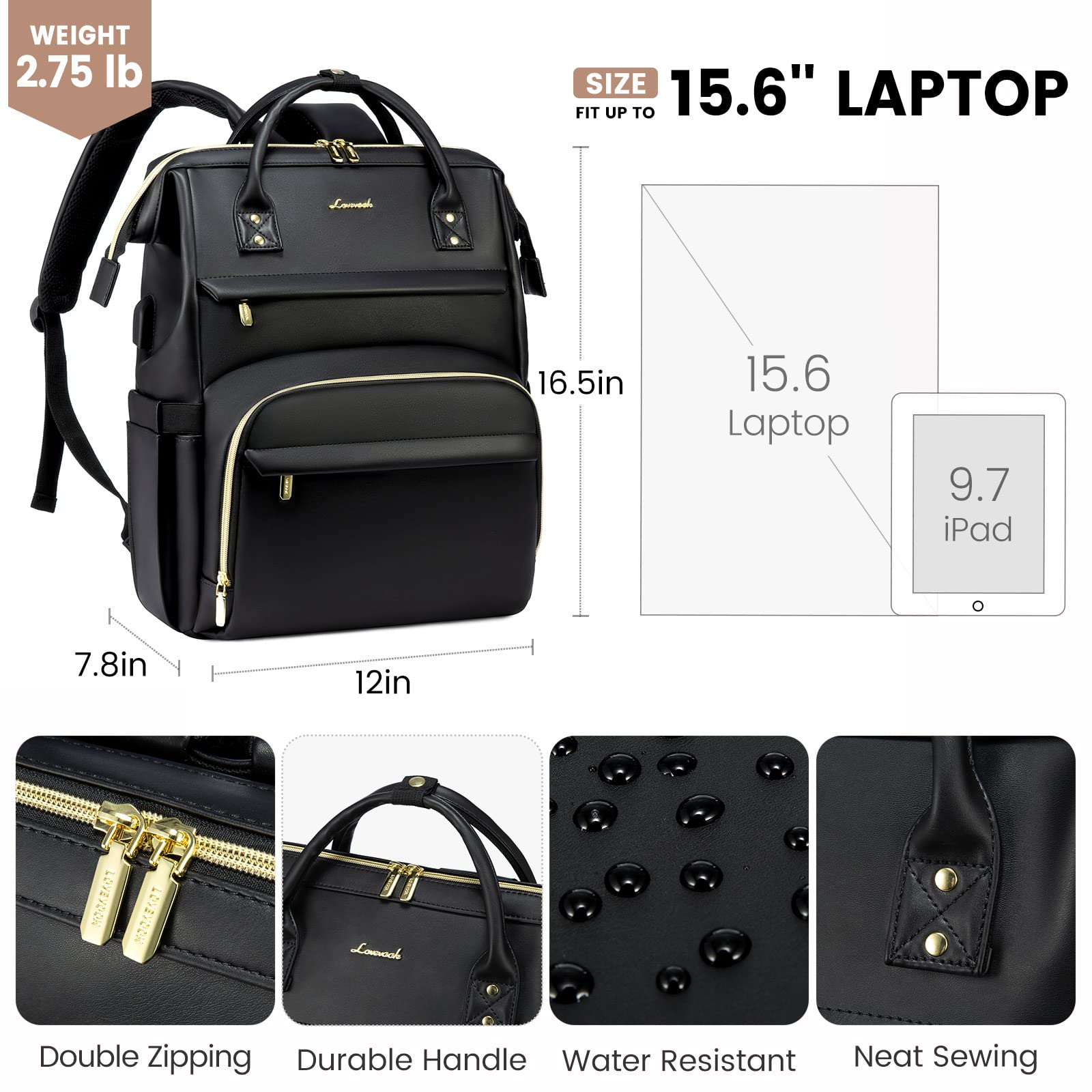 LOVEVOOK Leather Laptop Backpack for Women 15.6 inch,Travel Purse Nurse Teacher Computer Bag,Professional College Business Work Bags Carry On with USB Port,Black