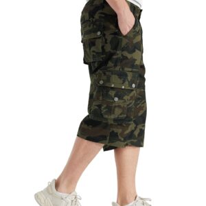 BEST SOUTH Men's Capri Long Twill Cargo Shorts below Knee 13 Inches Cotton Relaxed Fit Casual Multi-Pocket Army Green Camo 36