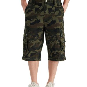 BEST SOUTH Men's Capri Long Twill Cargo Shorts below Knee 13 Inches Cotton Relaxed Fit Casual Multi-Pocket Army Green Camo 36