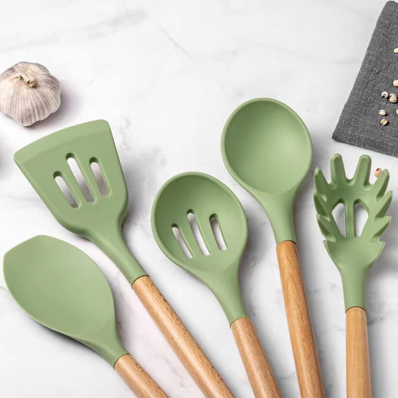 13 Pcs Chef Kitchen Cooking Utensils Set, Silicone Kitchen Gadgets Utensil Set （Olive Green）