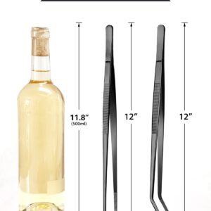 12-inch Cooking Tweezer and Curved Tong Set, Tongs Precision Serrated Tips, Stainless Steel Professional Chef Tweezer Kitchen Tools for BBQ, Plating and Serving