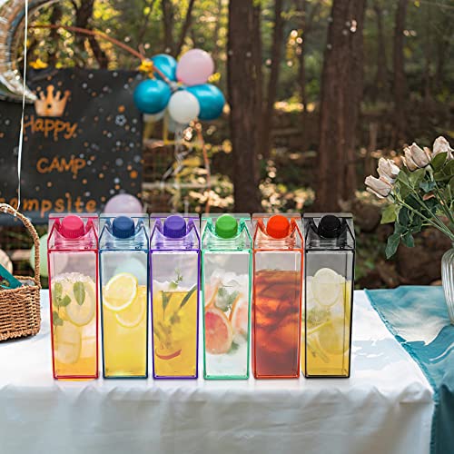 yarlung Set of 6 Plastic Milk Carton Colorful Clear Water Bottle, 17 Oz Portable Milk Box Leakproof Square Juice Bottle for Outdoor Sports Travel Camping