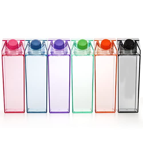 yarlung Set of 6 Plastic Milk Carton Colorful Clear Water Bottle, 17 Oz Portable Milk Box Leakproof Square Juice Bottle for Outdoor Sports Travel Camping