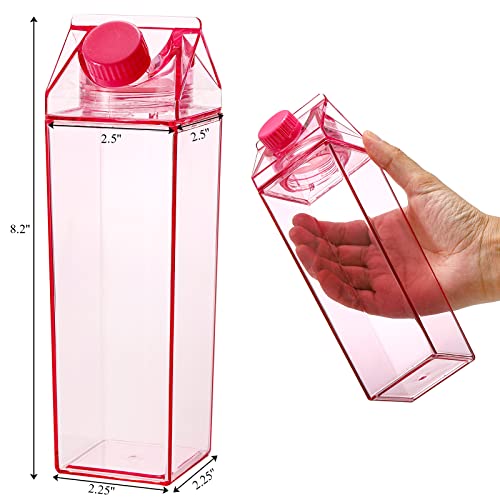 yarlung Set of 6 Plastic Milk Carton Colorful Clear Water Bottle, 17 Oz Portable Milk Box Leakproof Square Juice Bottle for Outdoor Sports Travel Camping