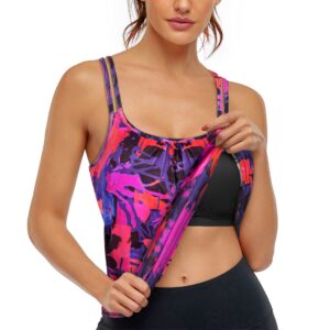 Hibelle Womens Tank Tops with Built in Bras Workout Yoga Athletic Tank Tops for Women Racerback Spaghetti Strap Built in Bra Camisole Tank Tops Casual Summer Clothes Purple Red Floral X-Large