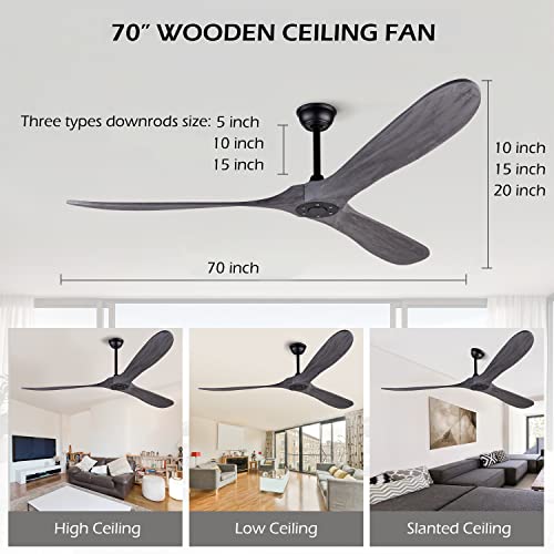 Solid Wood Ceiling Fans without Light, 70 Inch Real Wood Ceiling Fan with Remote Control and 3 blade, Natural Wood Ceiling Fan Waterproof, Indoor Outdoor Ceiling Fans for Patio, Bedroom, Living room