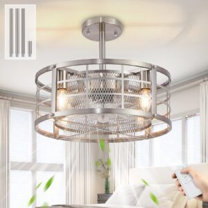 doltoro caged ceiling fans with lights and remote, industrial flush mount ceiling fans light, small enclosed ceiling fan for bedroom kitchen (brushed nickel)