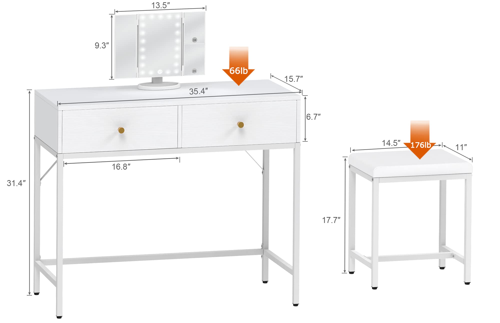 SUPERJARE Vanity Desk, Makeup Vanity with Lighted Mirror, White Desk with Drawers, 35.4 Inches Makeup Vanity Desk with Lights, for Bedroom, White