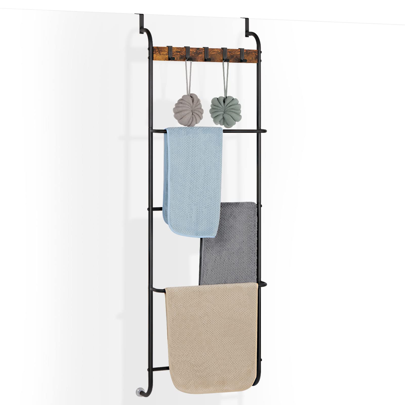 Over The Door Towel Rack, Bath Back Door Towel Bar Hanger with Hooks, 5-Tier Door Towel Rack Holder for Bathroom Farmhouse Living Room