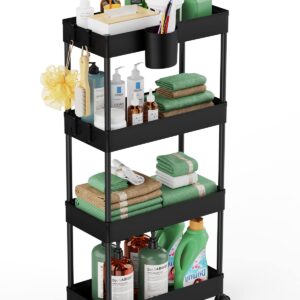 LEHOM Slim Rolling Storage Cart - 4 Tiers Bathroom Organizer Utility Cart Slide Out Storage Shelves Mobile Shelving Unit for Kitchen, Bedroom, Office, Laundry Room, Small Narrow Spaces Black