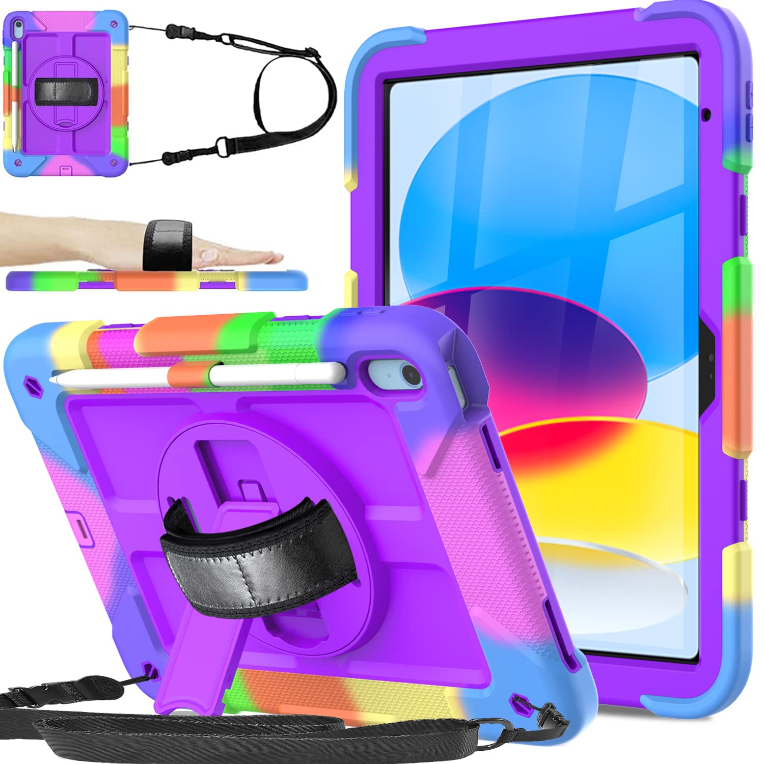 BMOUO iPad 10th Generation Case (10.9 inch, 2022) - with Screen Protector, Shockproof iPad 10th Gen Case with Rotating Stand/Hand/Shoulder Strap, Purple