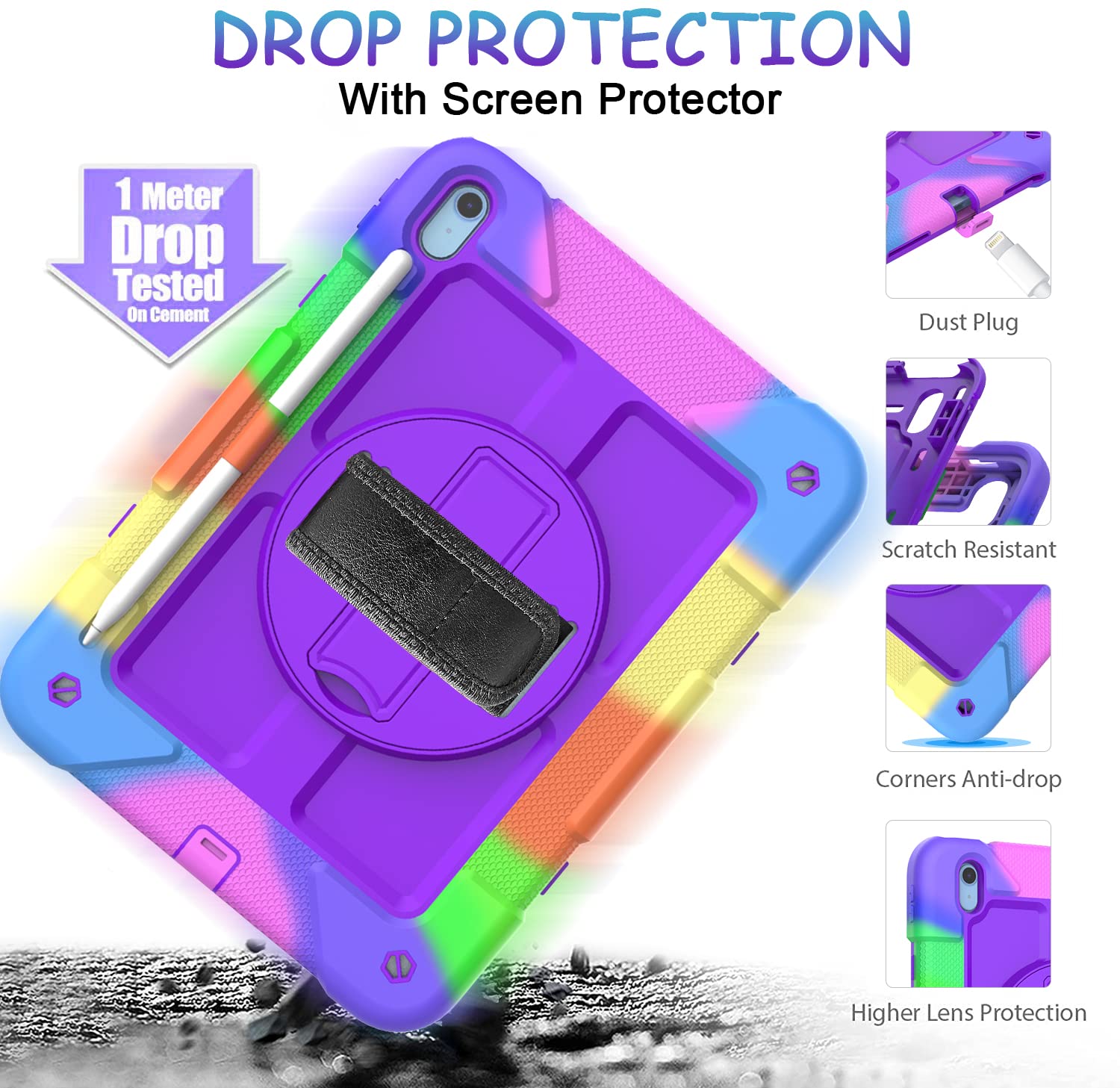 BMOUO iPad 10th Generation Case (10.9 inch, 2022) - with Screen Protector, Shockproof iPad 10th Gen Case with Rotating Stand/Hand/Shoulder Strap, Purple