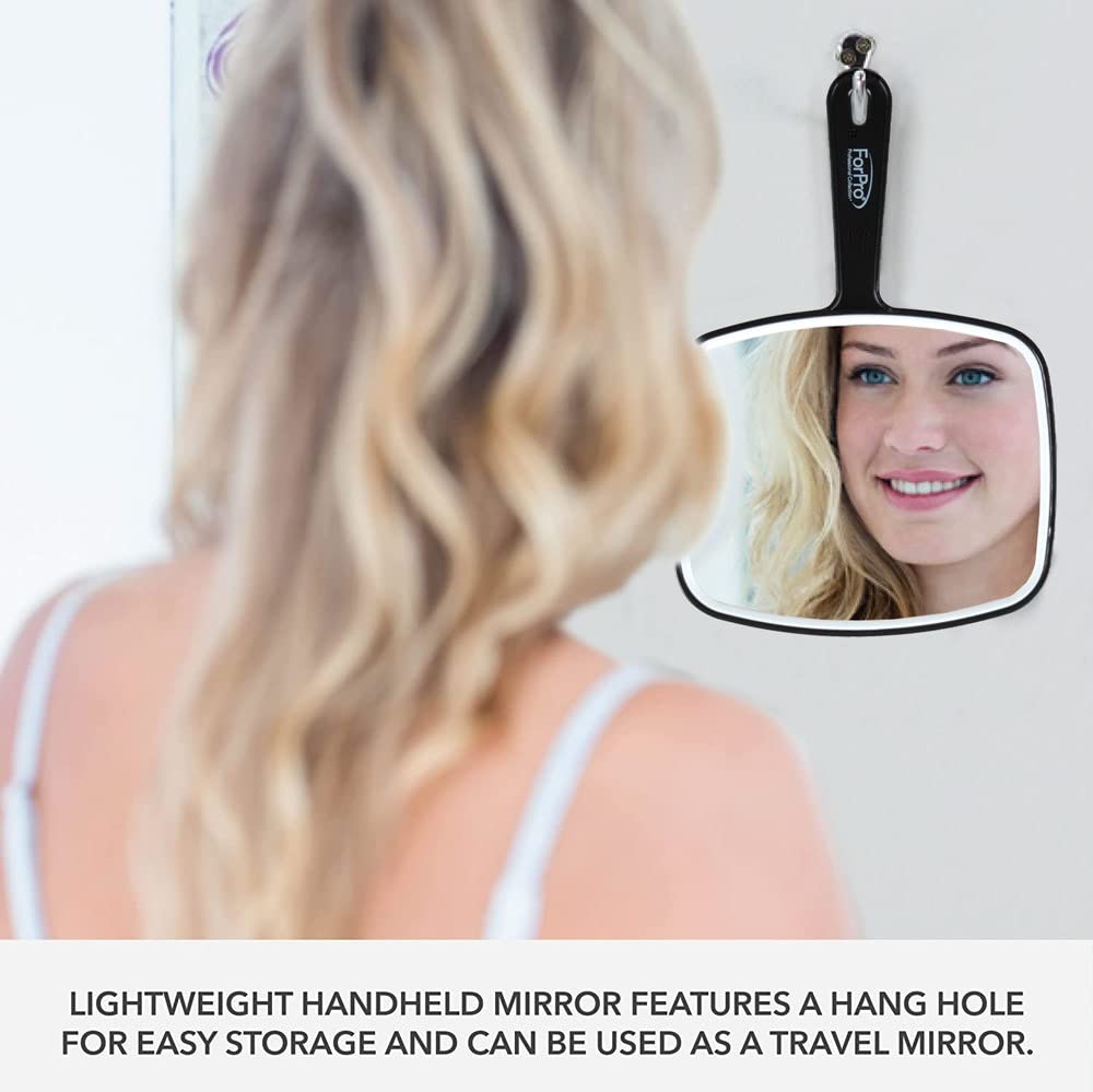 ForPro Professional Collection Premium Hand Mirror with Handle, 6.3" W x 9.6" L, Multi-Purpose Handheld Mirror with Distortion-Free Reflection, Black