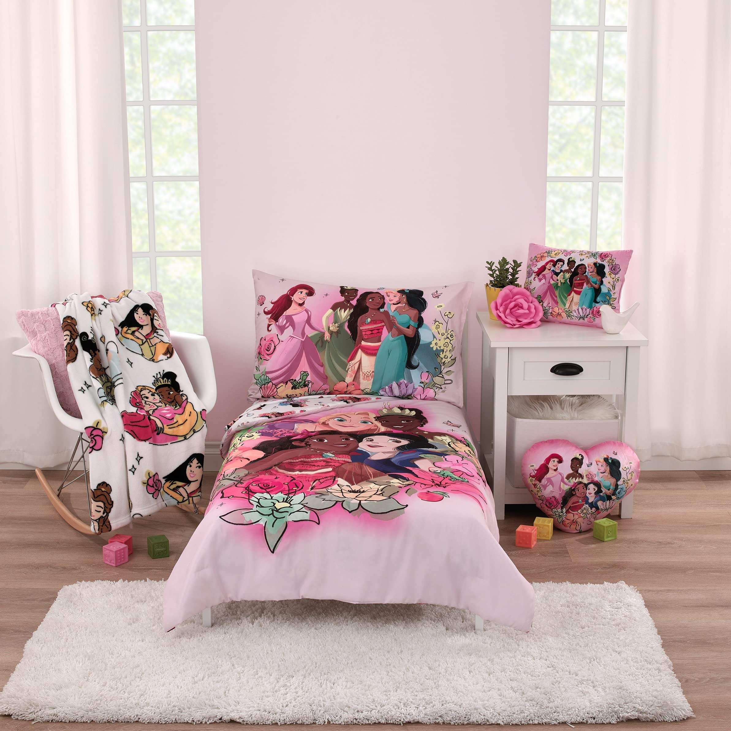 Disney Princesses Courage and Kindness Pink, Blue and White Ariel, Rapunzel, Tiana, Cinderella, Mulan, and Belle Super Soft Toddler Blanket