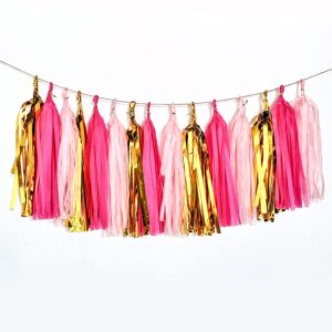 pink and gold tassel garland,pink gold paper tassel banner,table decor,pink and gold tissue tassels party decor supplies for party,diy kits - (15 pcs)