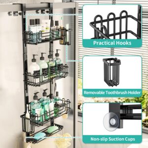 HapiRm 4 Tier Over the Door Shower Caddy, Hanging Shower Caddy with 22 Hooks and 2 Toothbrush Holders, No Drilling Adjustable Hanging Shower Organizer for Bathroom - Black