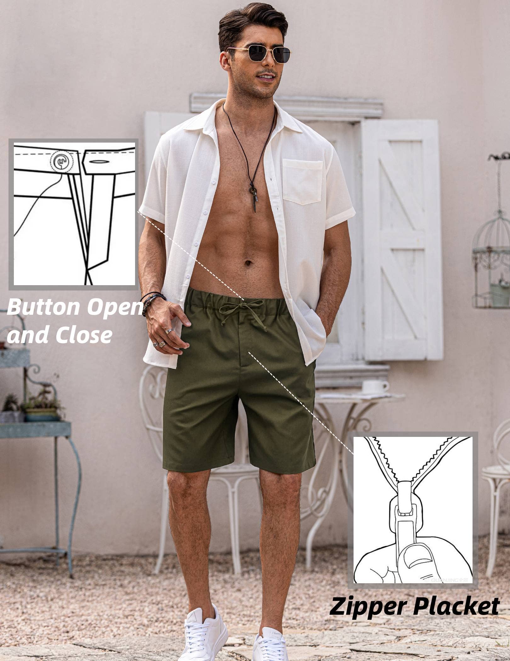 COOFANDY Men Linen Classic Fit Short Lightweight Drawstring Short with Pockets Army Green